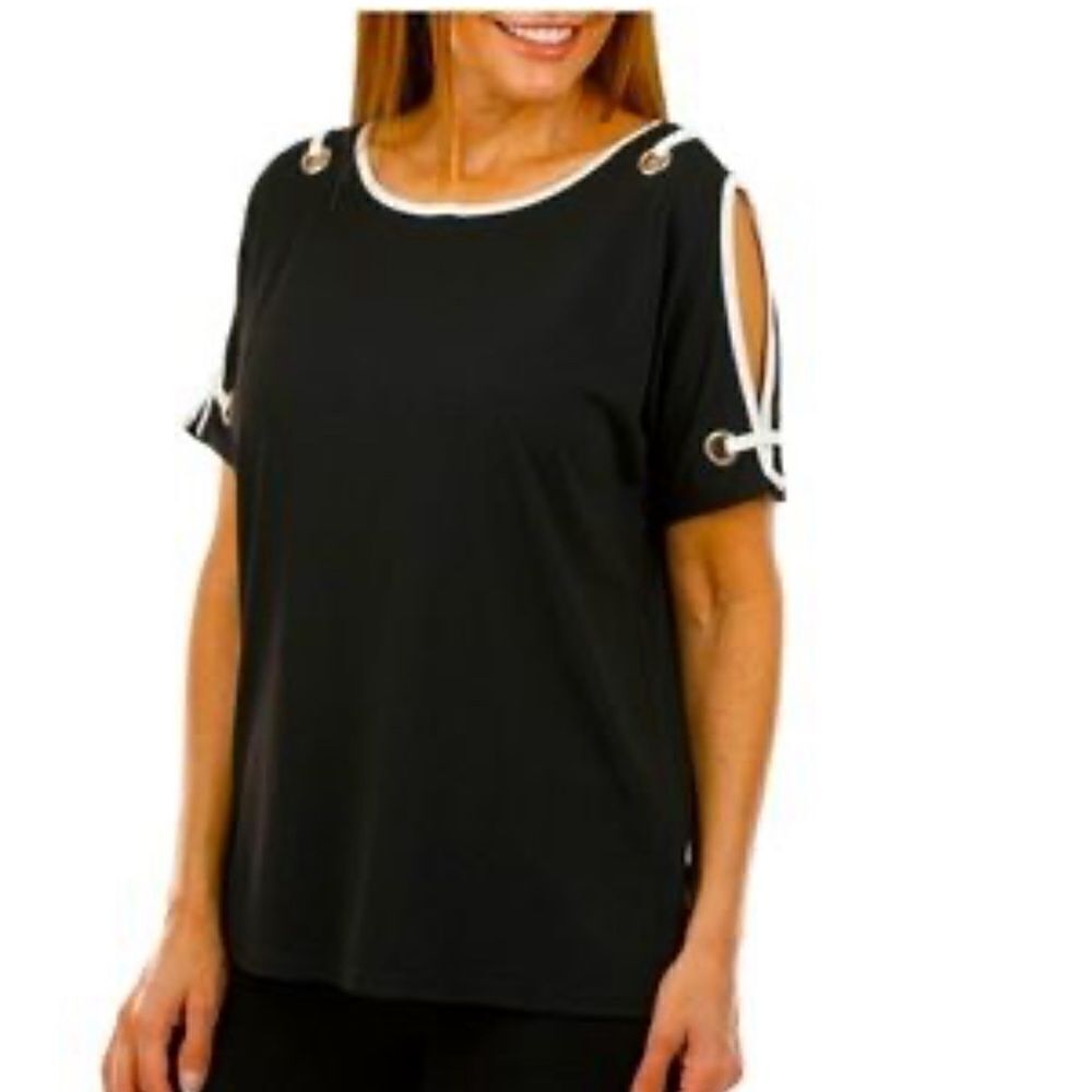 Carmen Marc Valvo Black White Peep Shoulder Top Shirt Blouse Small S NWT